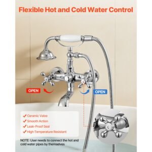 clawfoot tub faucet, wall mount bathtub faucets with handheld shower, vintage polished chrome clawfoot tub filler faucet shower kit with adjustable swing arms & 360° rotation spout for bathtubs