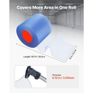 clear pvc strip curtain, 101 ft length x 12 in width, thermal insulating plastic door strip bulk roll, walk in freezer cooler curtain strips for doorways of supermarket, garage, warehouse