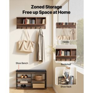 coat rack with shoe bench, 3 in 1 shoe coat rack combo set with hooks and bookshelf, steel frame hall tree entrance storage organizer holder for entry, bedroom, closet, office, rustic brown