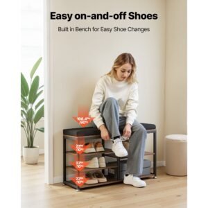 coat rack with shoe bench, 3 in 1 shoe coat rack combo set with hooks and bookshelf, steel frame hall tree entrance storage organizer holder for entry, bedroom, closet, office, rustic brown