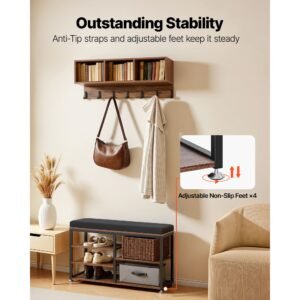 coat rack with shoe bench, 3 in 1 shoe coat rack combo set with hooks and bookshelf, steel frame hall tree entrance storage organizer holder for entry, bedroom, closet, office, rustic brown