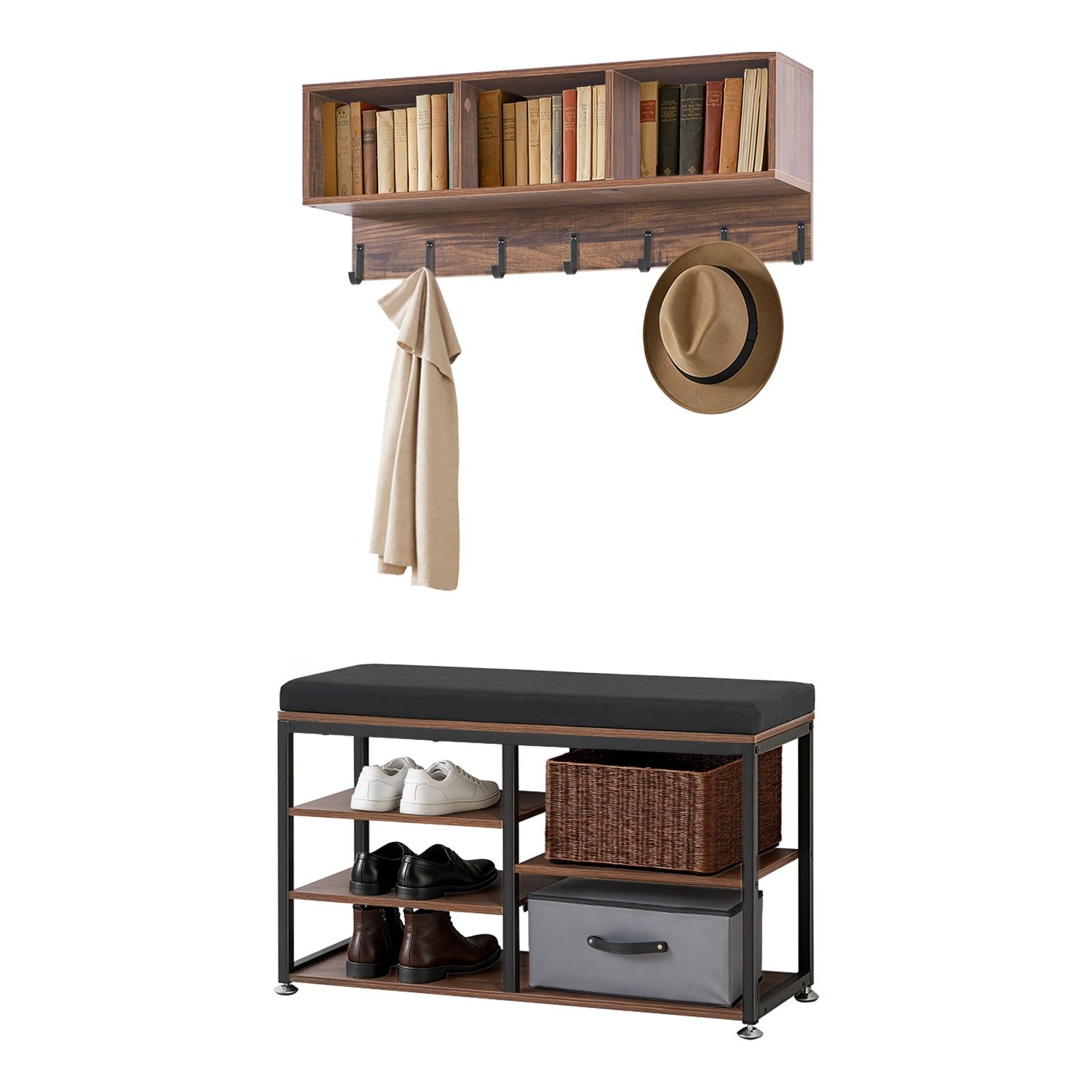 coat rack with shoe bench, 3 in 1 shoe coat rack combo set with hooks and bookshelf, steel frame hall tree entrance storage organizer holder for entry, bedroom, closet, office, rustic brown