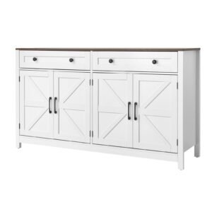 Coffee Bar Cabinet, Farmhouse Coffee Bar Table with 2 Drawers, Buffet Stand Cabinet with 4 Barn Doors, Sideboard Buffet Station for Living Room, Entryway, Kitchen, 55.1 x 15.5 x 31.5 in, White
