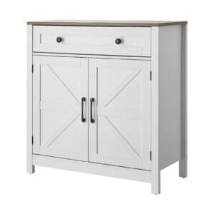 Coffee Bar Cabinet, Farmhouse Coffee Bar Table with Drawer, Buffet Stand Cabinet with 2 Barn Door, Sideboard Buffet Station for Living Room, Entryway, Kitchen, 29.5 x 14.7 x 31.5 in, White