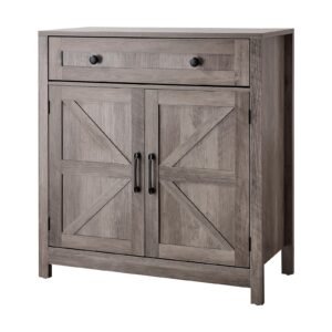 Coffee Bar Cabinet, Farmhouse Coffee Bar Table with Drawer, Buffet Stand Cabinet with 2 Barn Doors, Sideboard Buffet Station for Living Room, Entryway, Kitchen, 29.5 x 14.7 x 31.5 in, Grey