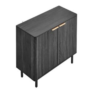 Coffee Bar Cabinet, Mid Century Fluted Coffee Bar Table with 2-Tier Storage, Buffet Stand Cabinet with Barn Door, Sideboard Buffet Station for Living Room, Entryway, 31.5 x 14.7 x 31.5 in, Black