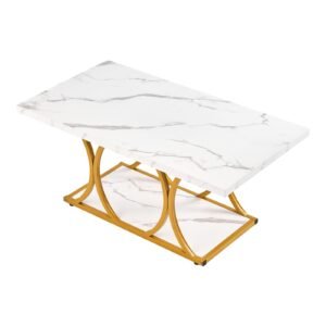 Coffee Table, Modern Faux Marble Coffee Table, 2-Tier Rectangle Center Desk with Geometric Legs, Minimalist Sturdy Metal Frame Accent End Desk for Living Room, Office, Easy Assembly, White