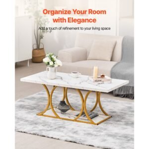 coffee table, modern faux marble coffee table, large 2 tier rectangle center desk with geometric legs, minimalist sturdy metal frame accent end desk for living room, office, easy assembly, white