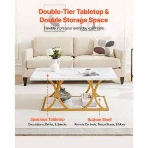 coffee table, modern faux marble coffee table, large 2 tier rectangle center desk with geometric legs, minimalist sturdy metal frame accent end desk for living room, office, easy assembly, white