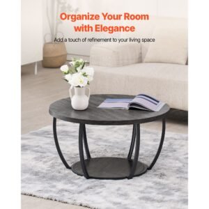 coffee table, modern round coffee table, 2 tiers wooden circle center desk with open storage, minimalist sturdy metal frame accent end desk for living room, office, easy assembly, grey