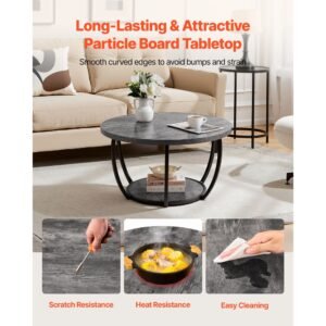 coffee table, modern round coffee table, 2 tiers wooden circle center desk with open storage, minimalist sturdy metal frame accent end desk for living room, office, easy assembly, grey