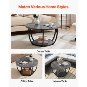 coffee table, modern round coffee table, 2 tiers wooden circle center desk with open storage, minimalist sturdy metal frame accent end desk for living room, office, easy assembly, grey