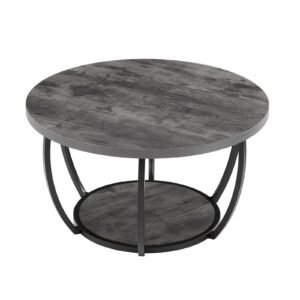 coffee table, modern round coffee table, 2 tiers wooden circle center desk with open storage, minimalist sturdy metal frame accent end desk for living room, office, easy assembly, grey