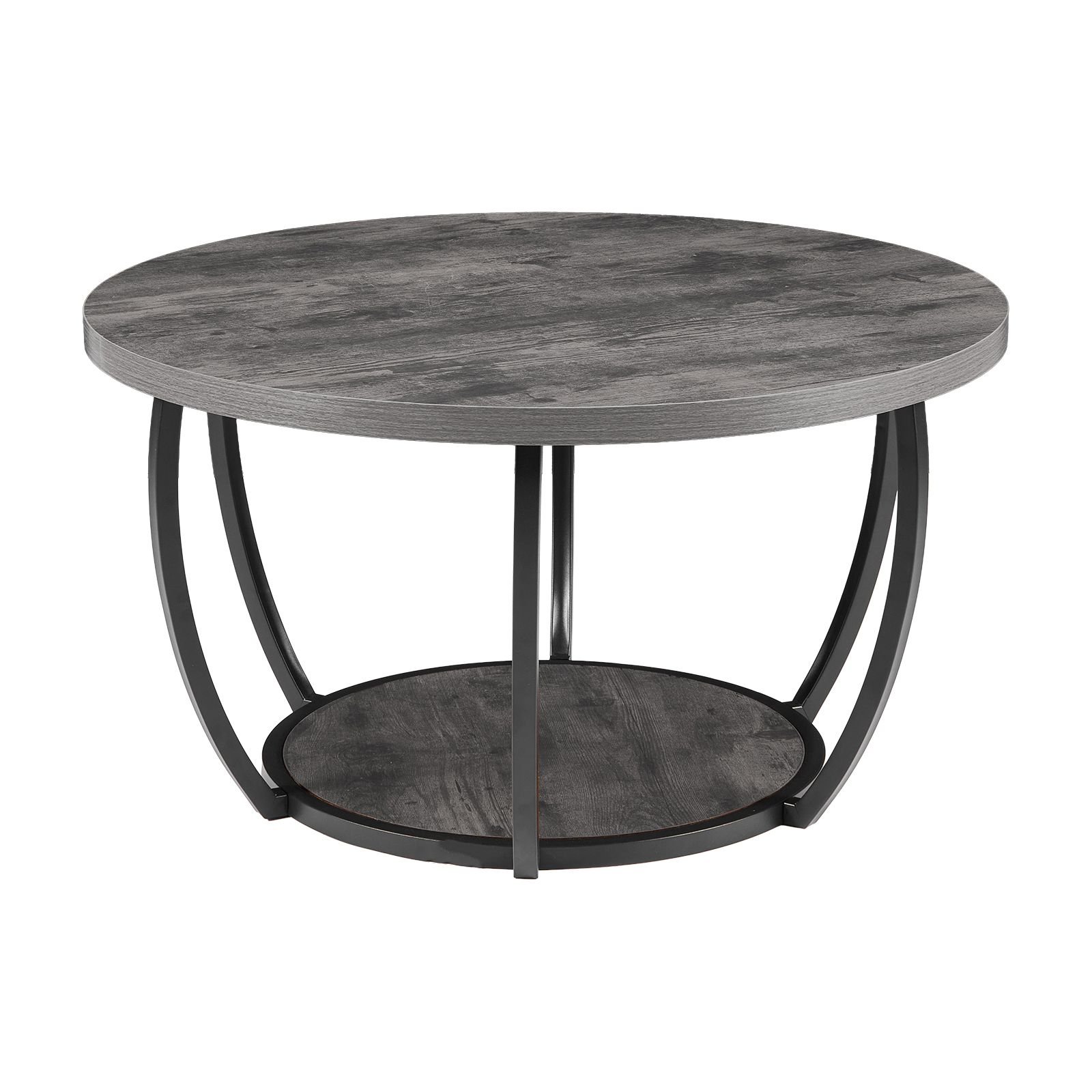 coffee table, modern round coffee table, 2 tiers wooden circle center desk with open storage, minimalist sturdy metal frame accent end desk for living room, office, easy assembly, grey