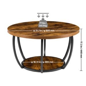 coffee table, modern round coffee table, 2 tiers wooden circle center desk with open storage, minimalist sturdy metal frame accent end desk for living room, office, easy assembly, rustic brown