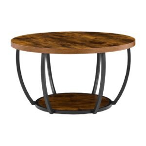 coffee table, modern round coffee table, 2 tiers wooden circle center desk with open storage, minimalist sturdy metal frame accent end desk for living room, office, easy assembly, rustic brown