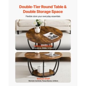 coffee table, modern round coffee table, 2 tiers wooden circle center desk with open storage, minimalist sturdy metal frame accent end desk for living room, office, easy assembly, rustic brown