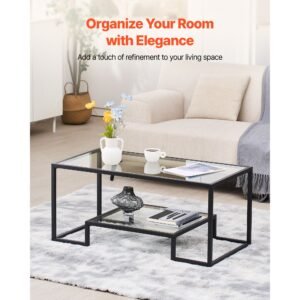 coffee table, modern tempered glass coffee table, 2 tiers rectangle glass center desk with open storage, minimalist sturdy metal frame accent end desk for living room, office, easy assembly