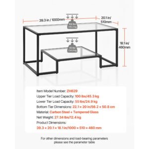 coffee table, modern tempered glass coffee table, 2 tiers rectangle glass center desk with open storage, minimalist sturdy metal frame accent end desk for living room, office, easy assembly