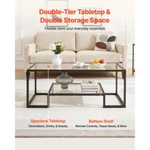 coffee table, modern tempered glass coffee table, 2 tiers rectangle glass center desk with open storage, minimalist sturdy metal frame accent end desk for living room, office, easy assembly