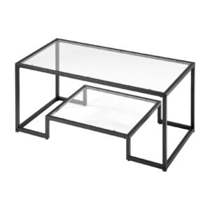 Coffee Table, Modern Tempered Glass Coffee Table, 2 Tiers Rectangle Glass Center Desk with Open Storage, Minimalist Sturdy Metal Frame Accent End Desk for Living Room, Office, Easy Assembly