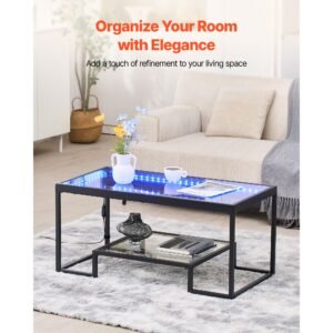 coffee table, modern tempered glass coffee table with lighting, 2 tiers rectangle glass center desk with open storage, minimalist metal accent end desk for living room, office, easy assembly