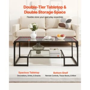coffee table, modern tempered glass coffee table with lighting, 2 tiers rectangle glass center desk with open storage, minimalist metal accent end desk for living room, office, easy assembly