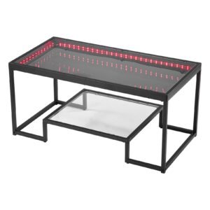 Coffee Table, Modern Tempered Glass Coffee Table with Lighting, 2 Tiers Rectangle Glass Center Desk with Open Storage, Minimalist Metal Accent End Desk for Living Room, Office, Easy Assembly
