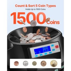 coin counter machine, 5 denominations, accurate coin sorter machine, sorts up to 225 coins per minute, usd change counter with lcd display, smooth operation, batch feature, holds 1500 coins