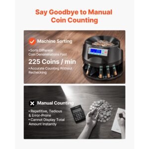 coin counter machine, 5 denominations, accurate coin sorter machine, sorts up to 225 coins per minute, usd change counter with lcd display, smooth operation, batch feature, holds 1500 coins