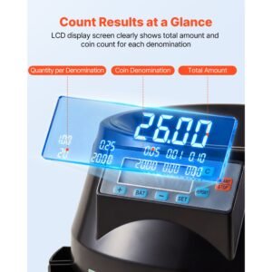 coin counter machine, 5 denominations, accurate coin sorter machine, sorts up to 225 coins per minute, usd change counter with lcd display, smooth operation, batch feature, holds 1500 coins