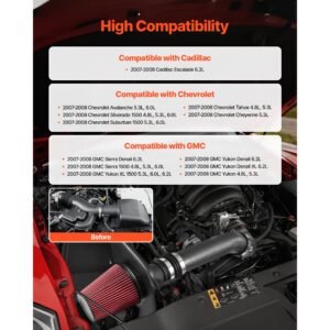 cold air intake, 3.5 inch cold air intake system + heat shield compatible with 2007 2008 cadillac escalade, chevy silverado/suburban, gmc sierra/yukon, high flow filter kit improve horsepower