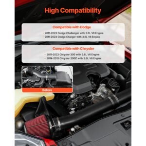 cold air intake, 3.5 inch cold air intake system + heat shield compatible with 2011 2023 dodge challenger/charger with 3.6l v6 engine, high flow filter kit improve horsepower/throttle response