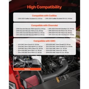 cold air intake, 3.5 inch cold air intake system + heat shield compatible with 2014 2018 chevy silverado/gmc sierra, 2015 2020 cadillac escalade 6.2l, high flow filter kit improved horsepower