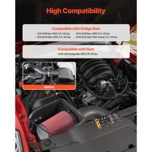 cold air intake, 3.94 inch cold air intake system + heat shield compatible with 2009 2018 dodge ram 1500, 2013 2018 ram 2500/3500 5.7l, high flow filter kit improve horsepower/throttle response