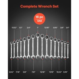 combination wrench set, 16 piece sae sizes, 72 teeth, cr v steel ratcheting wrench set, with roll up pouch, open end, clear size labels, for general household and automotive repairs, silver