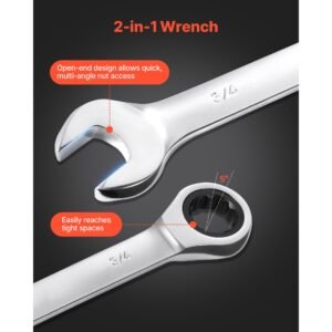combination wrench set, 16 piece sae sizes, 72 teeth, cr v steel ratcheting wrench set, with roll up pouch, open end, clear size labels, for general household and automotive repairs, silver
