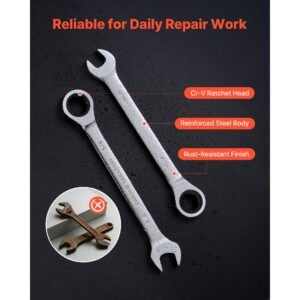 combination wrench set, 16 piece sae sizes, 72 teeth, cr v steel ratcheting wrench set, with roll up pouch, open end, clear size labels, for general household and automotive repairs, silver