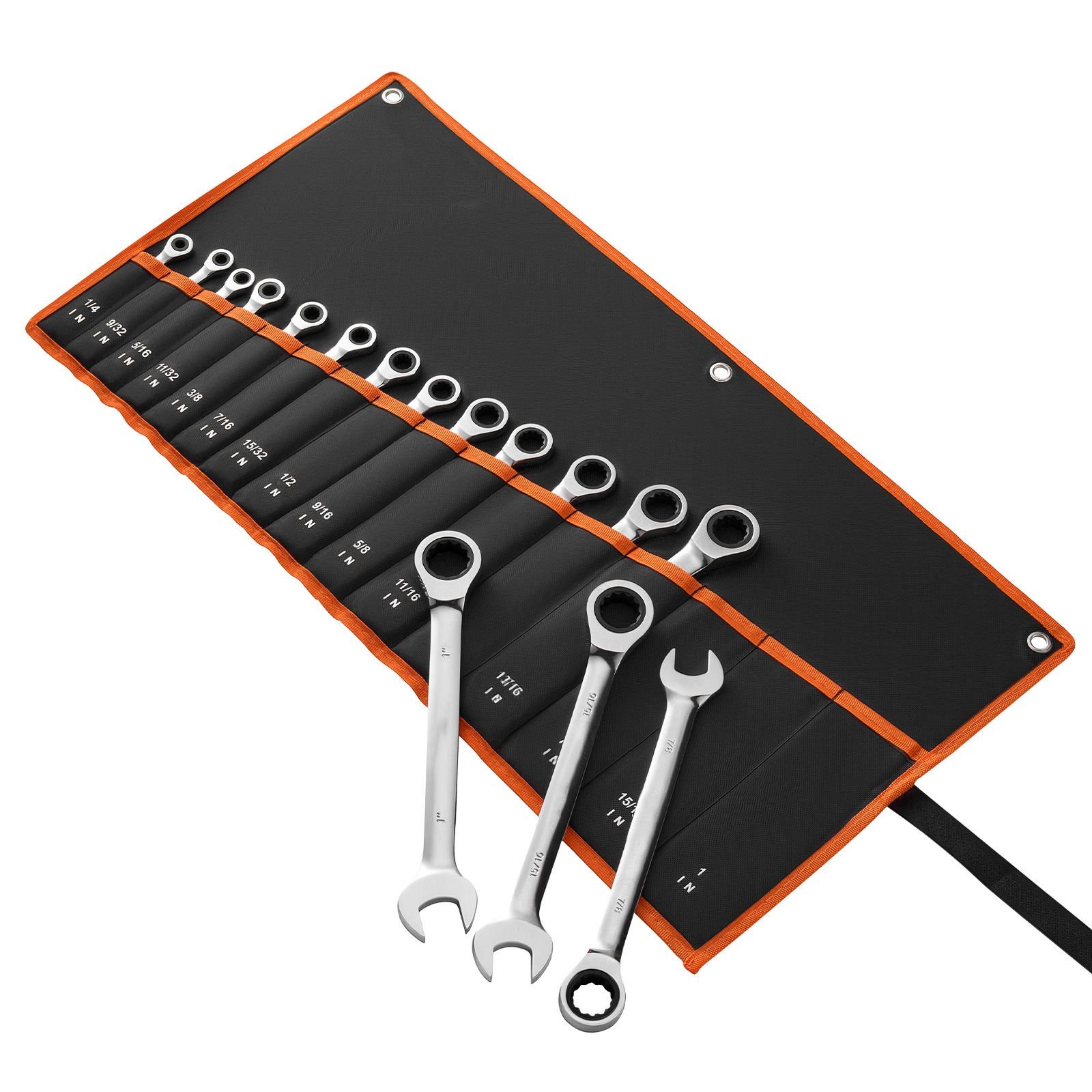 combination wrench set, 16 piece sae sizes, 72 teeth, cr v steel ratcheting wrench set, with roll up pouch, open end, clear size labels, for general household and automotive repairs, silver
