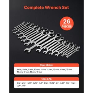 combination wrench set, 26 piece sae and metric, 72 teeth, cr v steel ratcheting wrench set, with rack organizer, open end, clear size labels, for general household, automotive repairs, silver