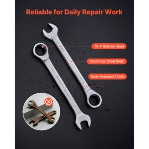 combination wrench set, 26 piece sae and metric, 72 teeth, cr v steel ratcheting wrench set, with rack organizer, open end, clear size labels, for general household, automotive repairs, silver