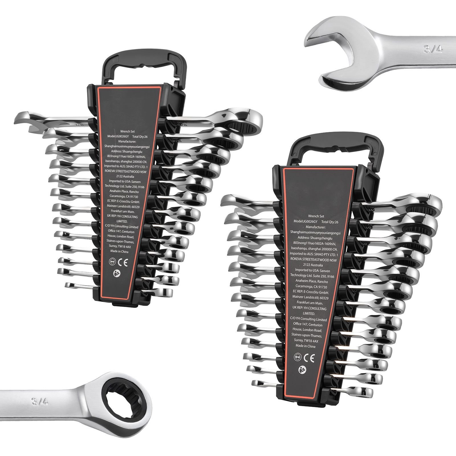 combination wrench set, 26 piece sae and metric, 72 teeth, cr v steel ratcheting wrench set, with rack organizer, open end, clear size labels, for general household, automotive repairs, silver