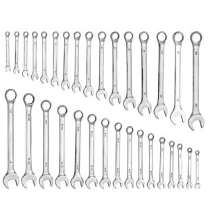 Combination Wrench Set, 32-Piece SAE and Metric, 12-Point Box End and 15° Angled Open End Combination Wrenches with Roll Up Pouch, Carbon Steel, for General Household and Automotive Repairs