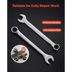 combination wrench set, 42 piece sae and metric, 12 point box end and 15° angled open end combination wrenches with roll up pouch, carbon steel, for general household and automotive repairs