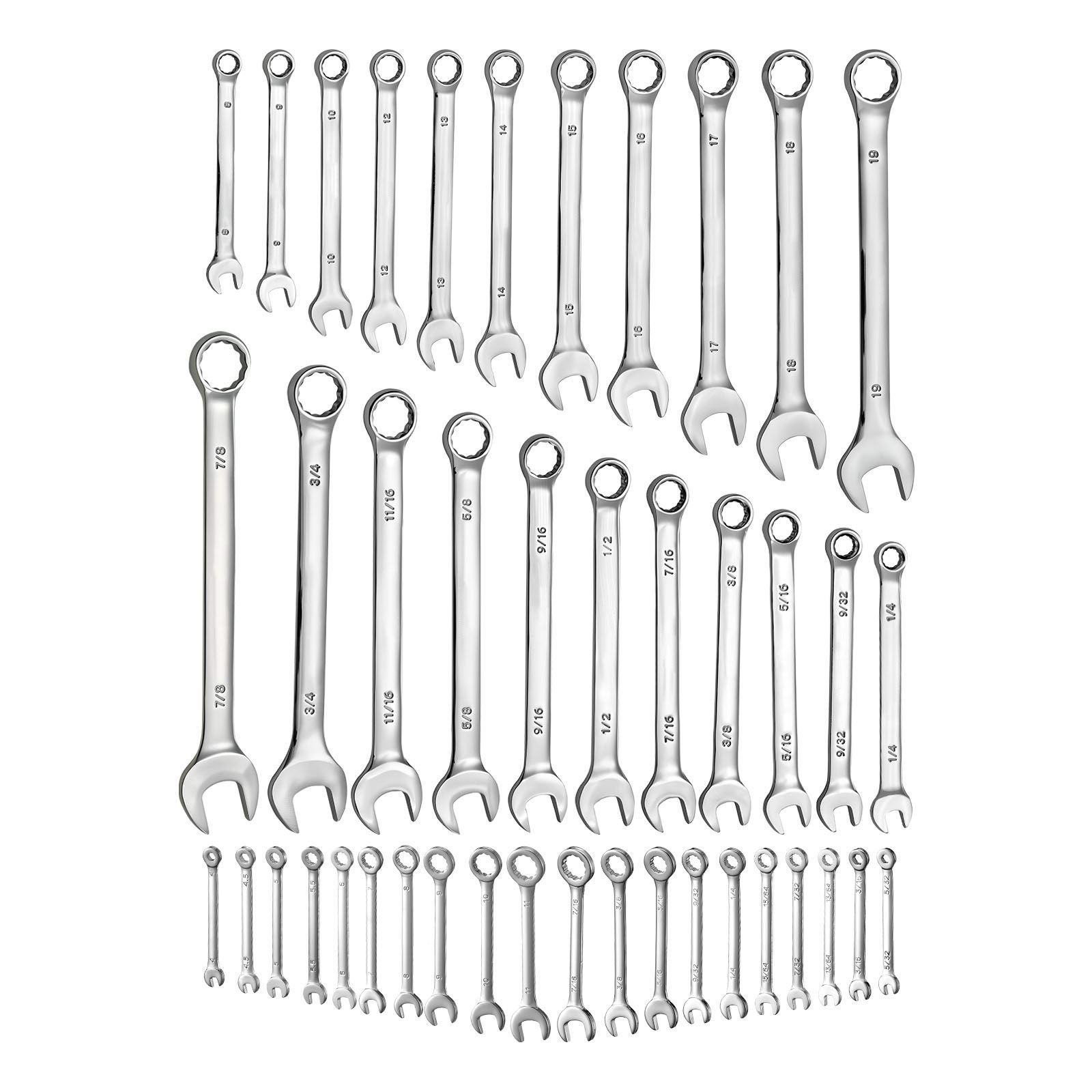 combination wrench set, 42 piece sae and metric, 12 point box end and 15° angled open end combination wrenches with roll up pouch, carbon steel, for general household and automotive repairs
