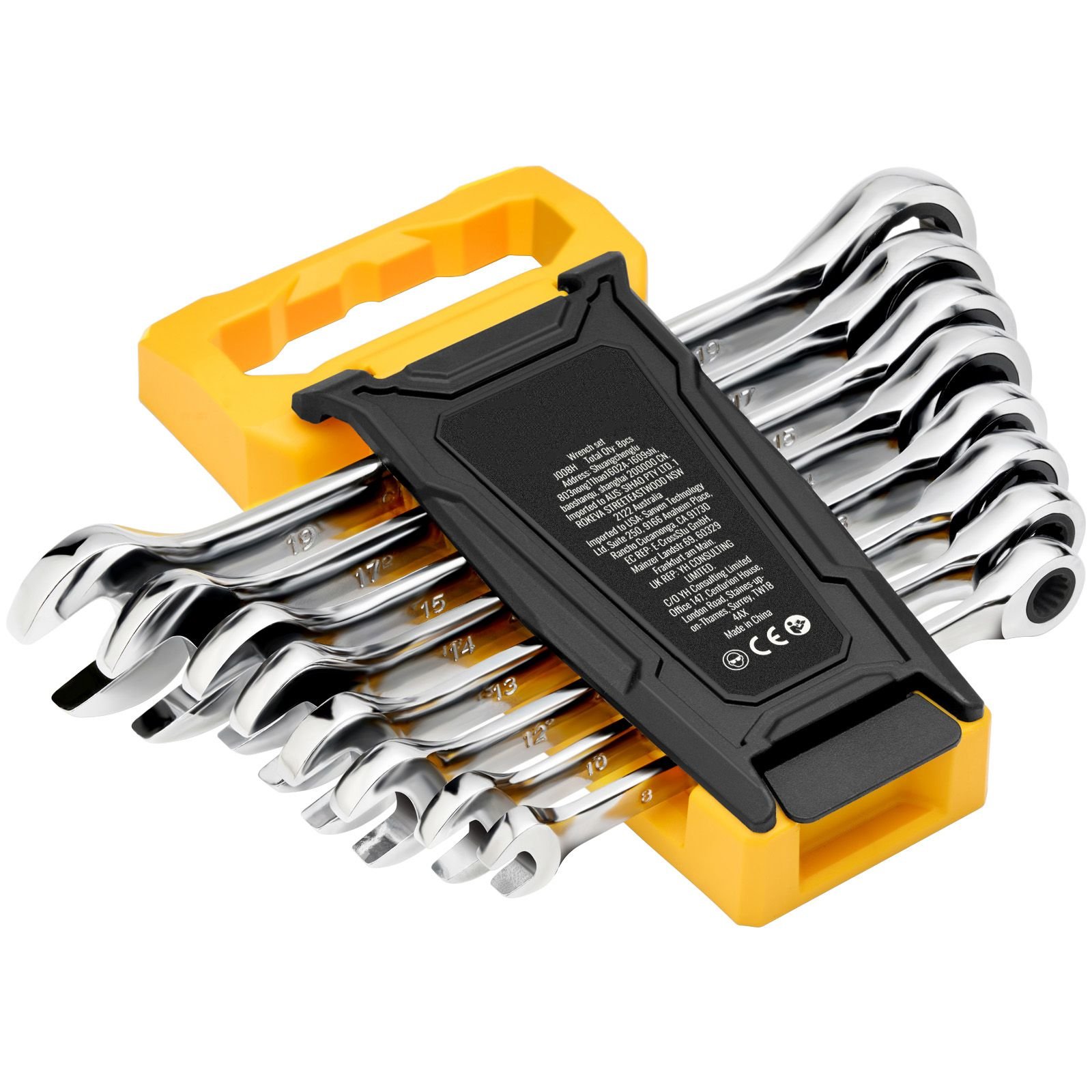combination wrench set, 8 piece ratcheting wrench set with organizer rack, cr v steel wrench set metric 8 mm to 19 mm, ideal for general household, garage, workshop, auto repairs, emergency
