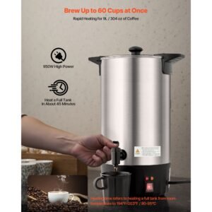 commercial coffee urn, 60 cup 9 l hot beverage dispenser with dripless faucet, quick brewing stainless steel large commercial coffee maker, for catering, business, party, church & restaurant