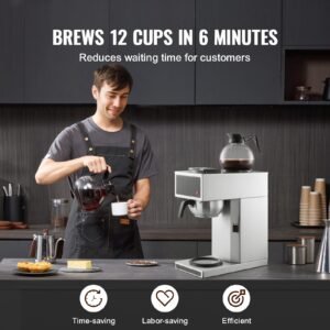 commercial drip coffee maker, 12 cups coffee maker machine with 2 glass carafes and 2 decanter warmer plates, stainless steel drip style coffee brewer, for restaurant, office, coffee shop & home