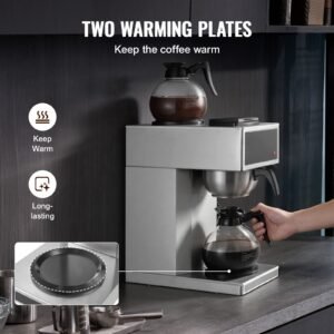 commercial drip coffee maker, 12 cups coffee maker machine with 2 glass carafes and 2 decanter warmer plates, stainless steel drip style coffee brewer, for restaurant, office, coffee shop & home