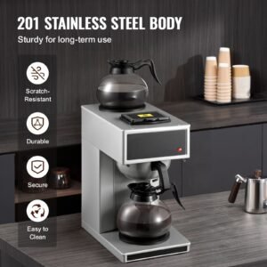 commercial drip coffee maker, 12 cups coffee maker machine with 2 glass carafes and 2 decanter warmer plates, stainless steel drip style coffee brewer, for restaurant, office, coffee shop & home